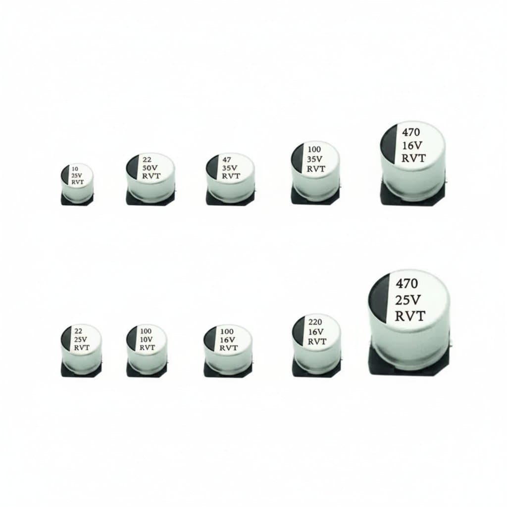 Assorted SMD electrolytic capacitors kit with values from 0.1uF to 1000uF and voltages from 6.3V to 50V for circuit board repair