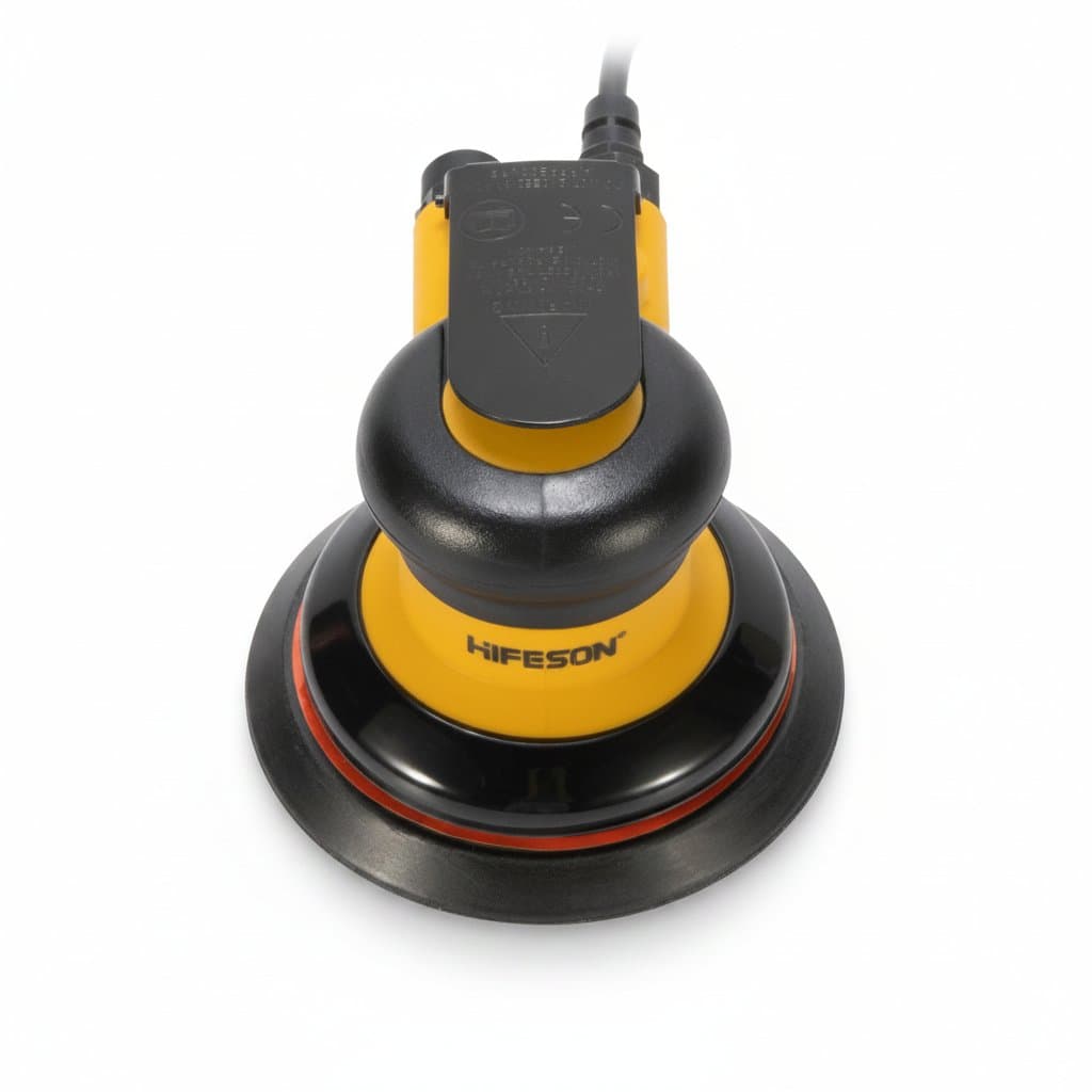 Orbit Air Sander Mini Pneumatic 1, a compact palm sander with a blue body and ergonomic grip for detail work and finishing.