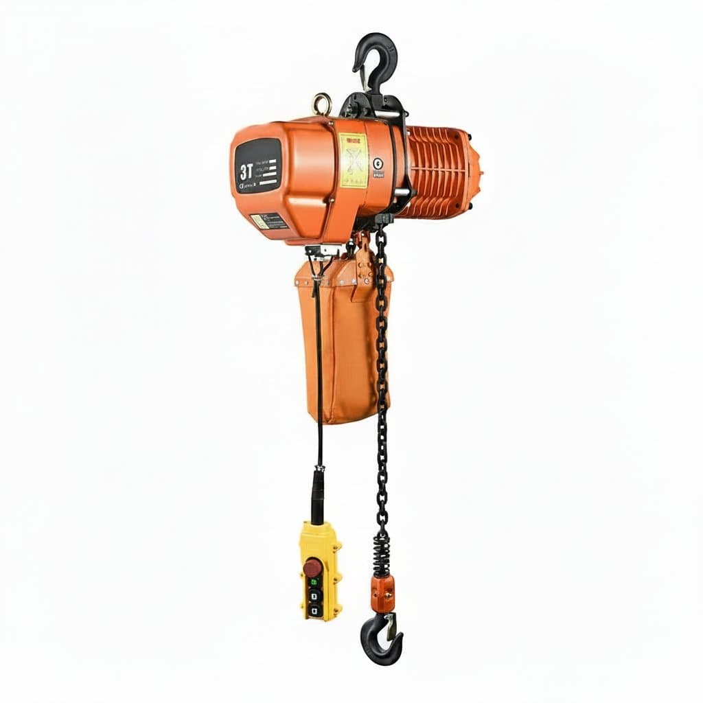 IEHC double chain electric hoist with hook suspension for fixed mounting in garage or workshop storage.