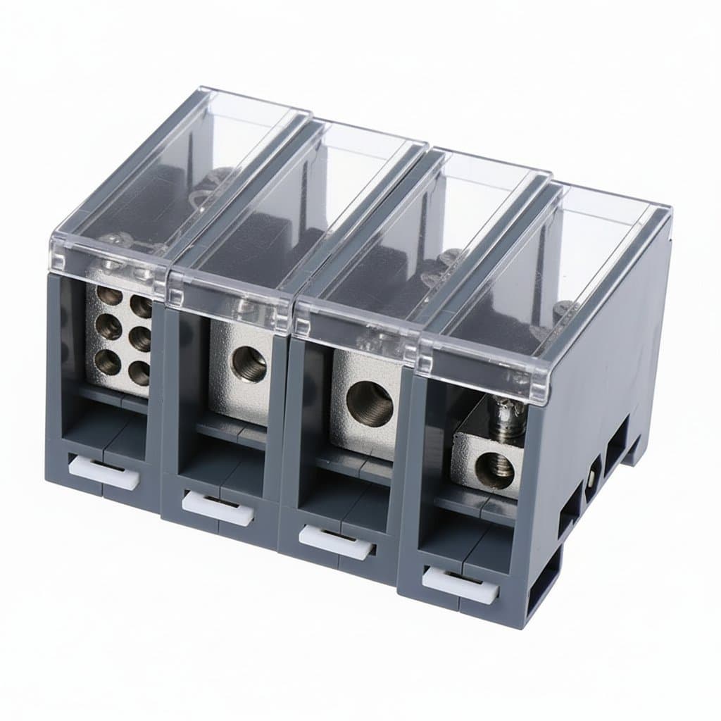 150A Din Rail Terminal Block Distribution Box for circuit breakers, a universal power junction box with one input and multiple outputs.