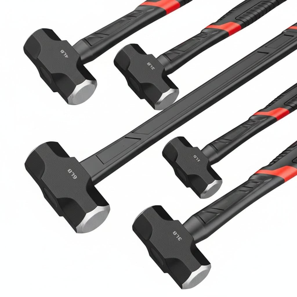 Professional octagonal hammer with a fiberglass handle and forged steel head, ideal for framing and demolition work.