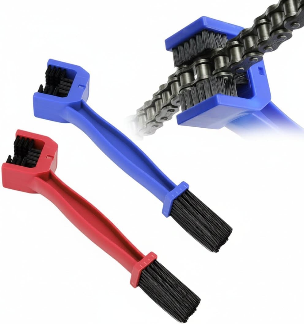 Motorcycle chain brush cleaner with durable plastic handle and stiff bristles for effective bicycle and moto chain maintenance.