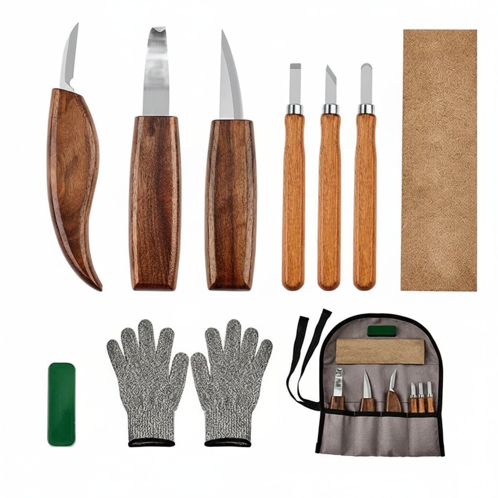 10-piece wood carving tools set with knives, chisels, sharpener, and safety gloves for detailed woodworking projects.