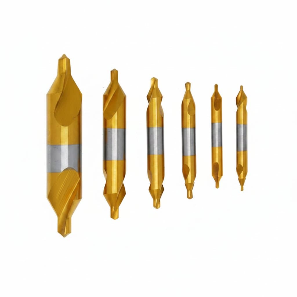 Set of 6 titanium-coated HSS combined center drills with 60-degree countersinks for metal lathe work and centering operations.
