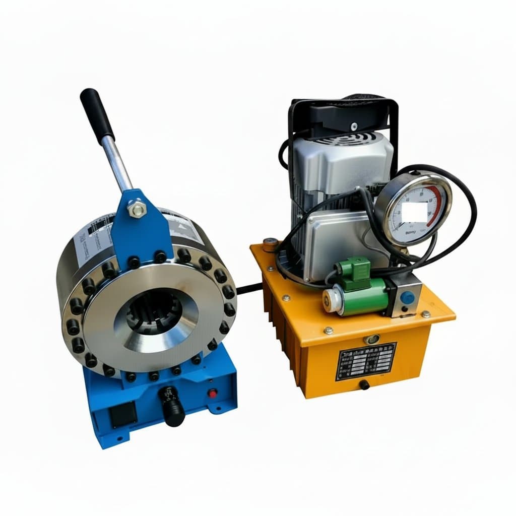 Professional 1 inch manual hydraulic hose crimping machine with 8 die sets, shown pressing a hydraulic fitting onto a hose.