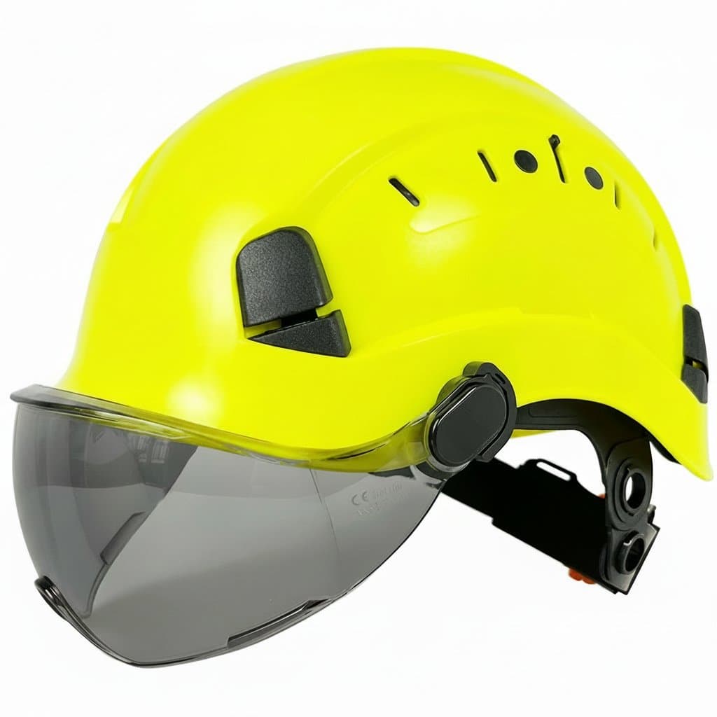 CE-certified construction safety helmet with goggles and visor, made from ABS material and meeting ANSI standards for industrial and rescue work.