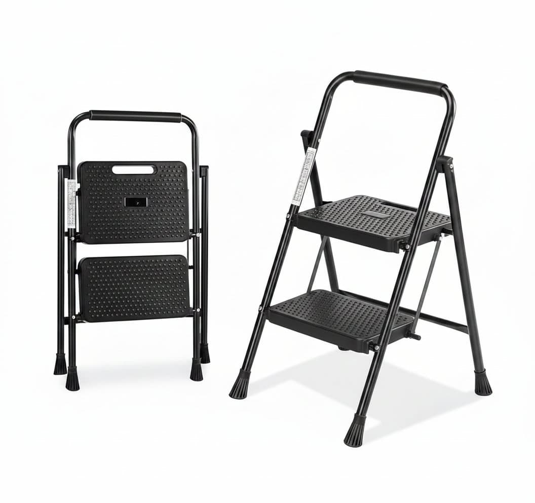Compact 2-step folding ladder with an 800-pound heavy-duty capacity. Serves as a step stool for home use and features safe, easy storage.