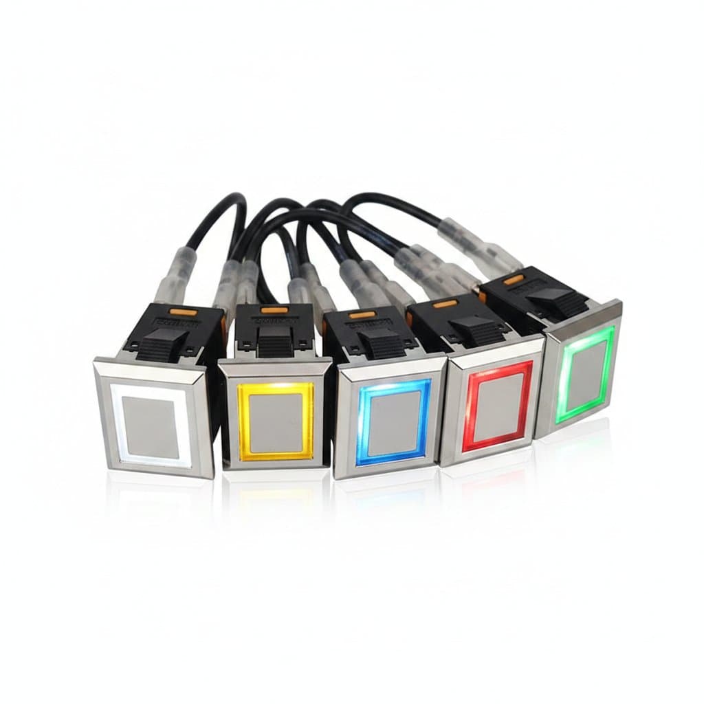 WINDOO 2NO 4-pin square push button switch with green actuator, rated for 15A industrial electrical use.