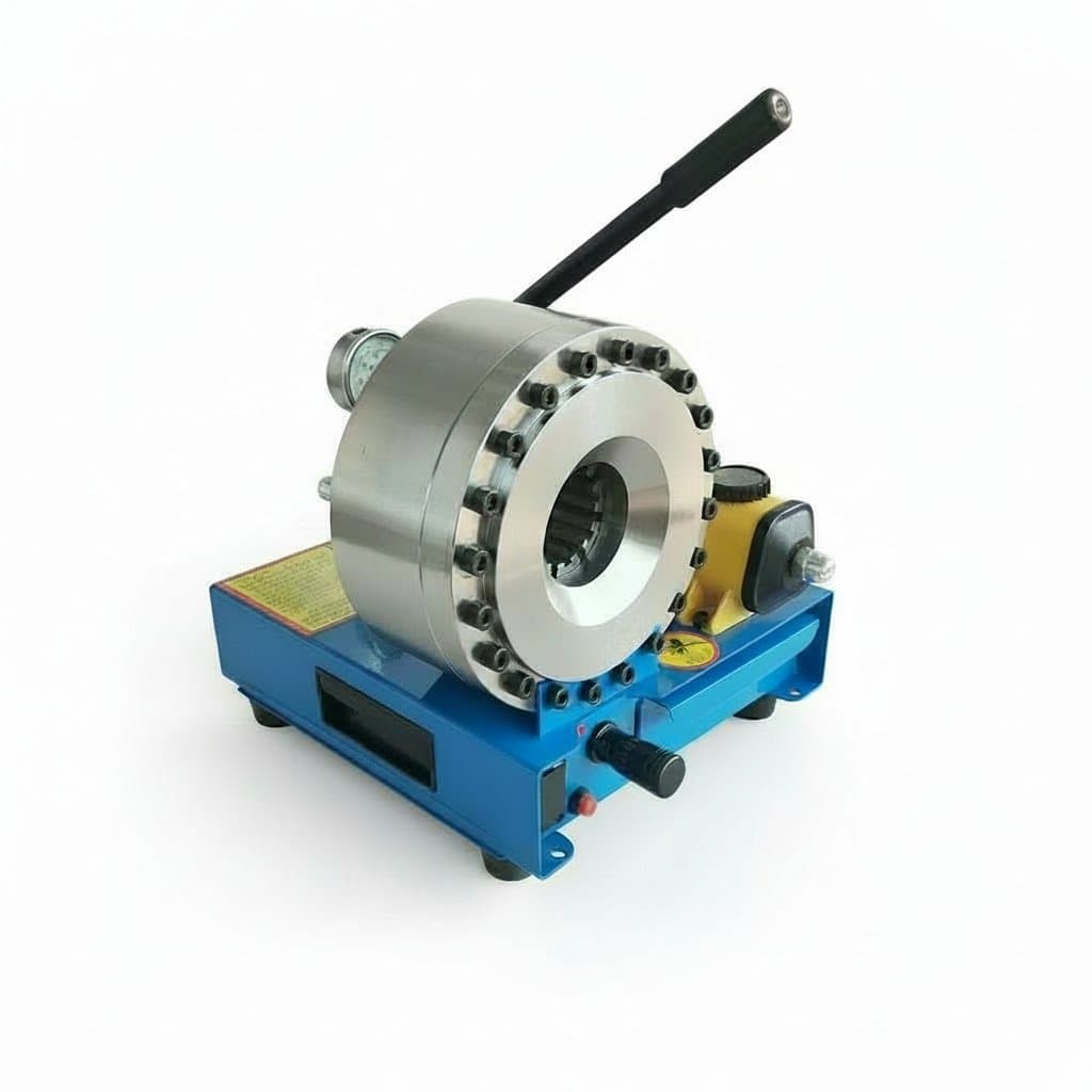 BNT30A portable hydraulic hose crimping machine with 1 inch capacity, shown on a workbench ready for industrial use.