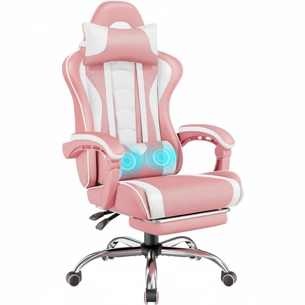 Gaming chair with massage lumbar support, adjustable footrest, and ergonomic design for extended computer or video game sessions.