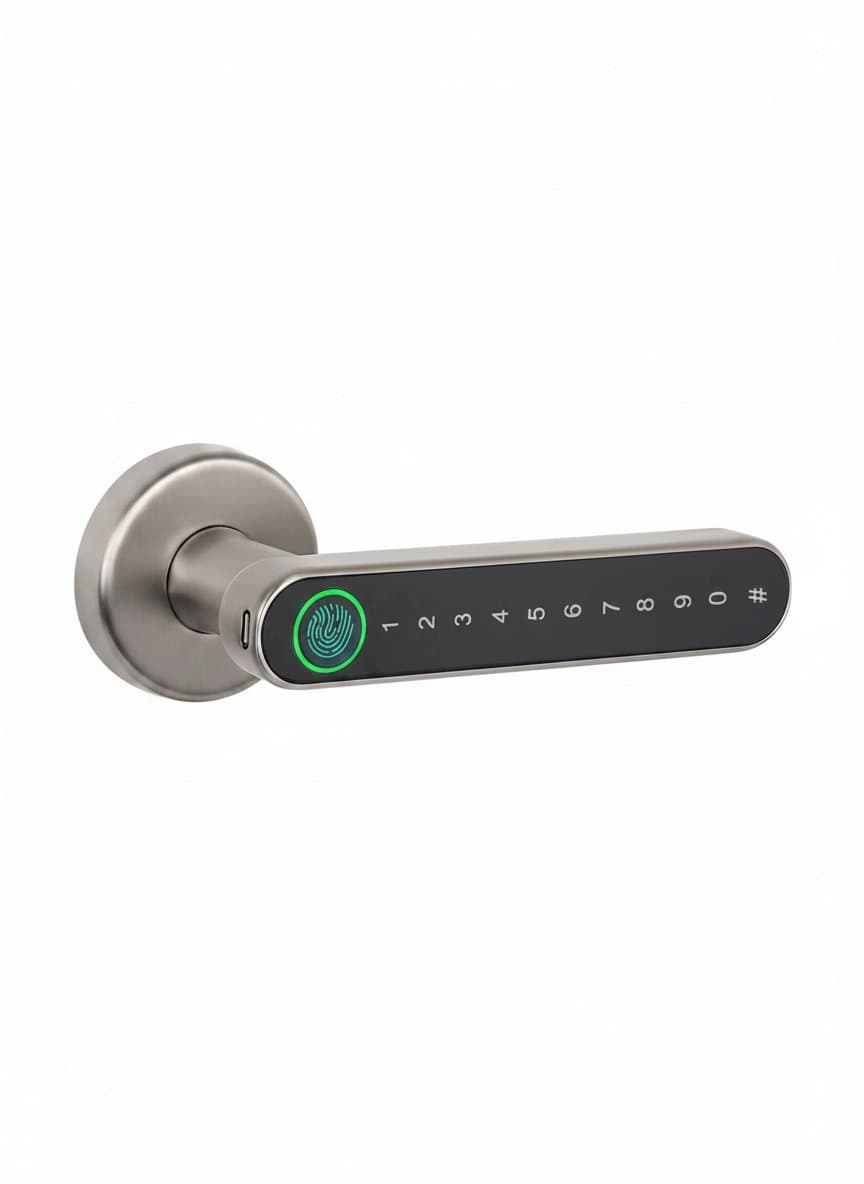 Smart fingerprint door lock with biometric access, keyless entry via password, and secure handle design for enhanced home security hardware.