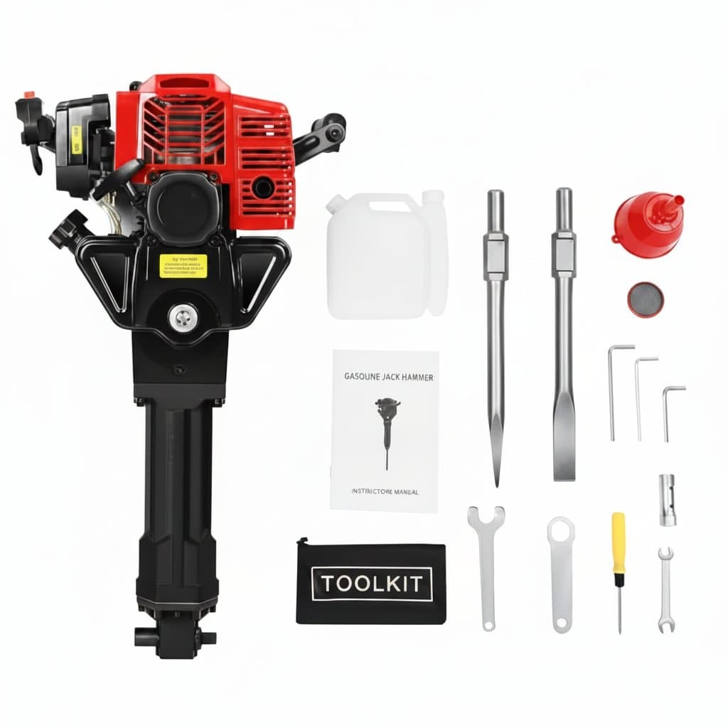 Heavy-duty 52CC gas-powered demolition jack hammer for concrete breaking, featuring a single-cylinder two-stroke engine and punch drill.