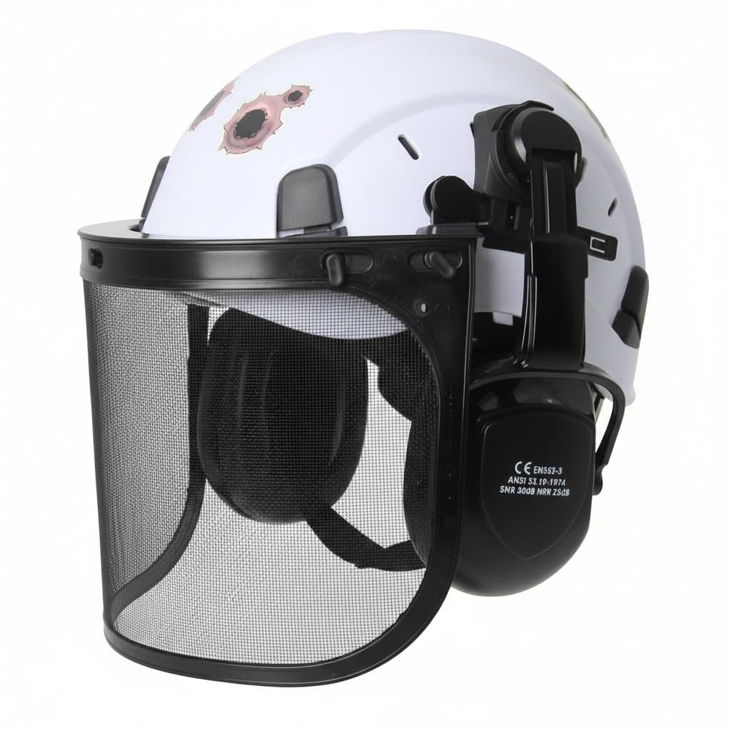 Forestry safety helmet with mesh face shield and earmuffs, ABS construction for logging and brushcutter work, includes DIY sticker set, CE certified.
