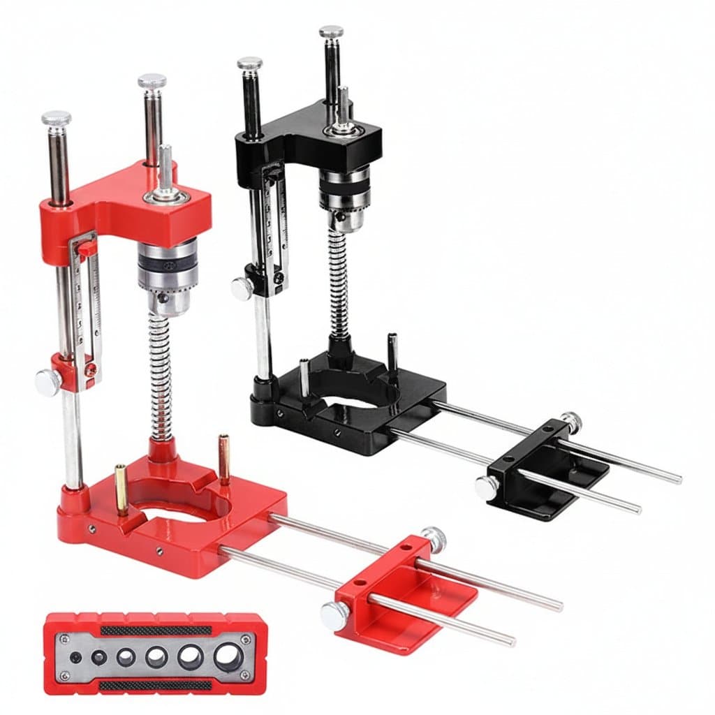 Woodworking drill guide jig with scale for precise hole positioning, a professional drilling fixture and locator tool for accurate wood projects.