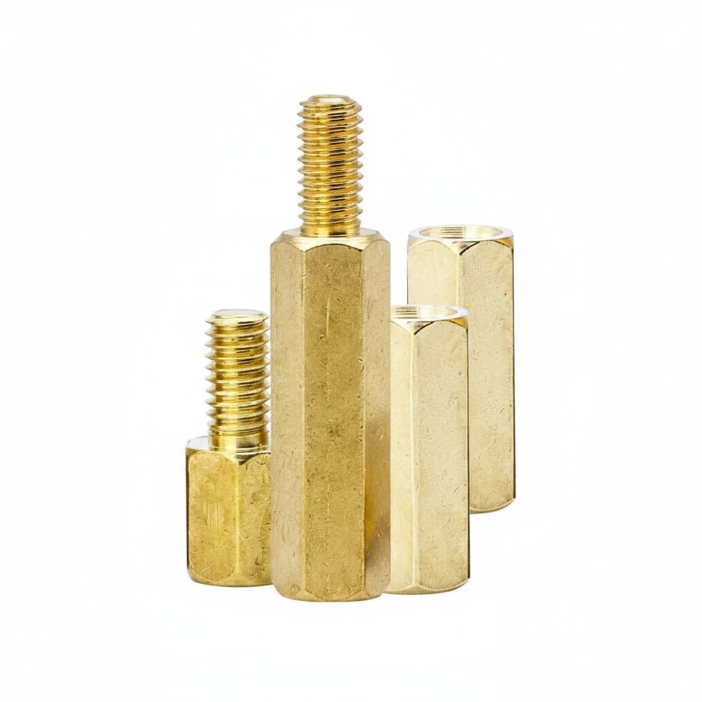 Brass hex standoff kit with male/female connectors, bolts, screws, and nuts in M2.5-M4 sizes for PCB and motherboard mounting.