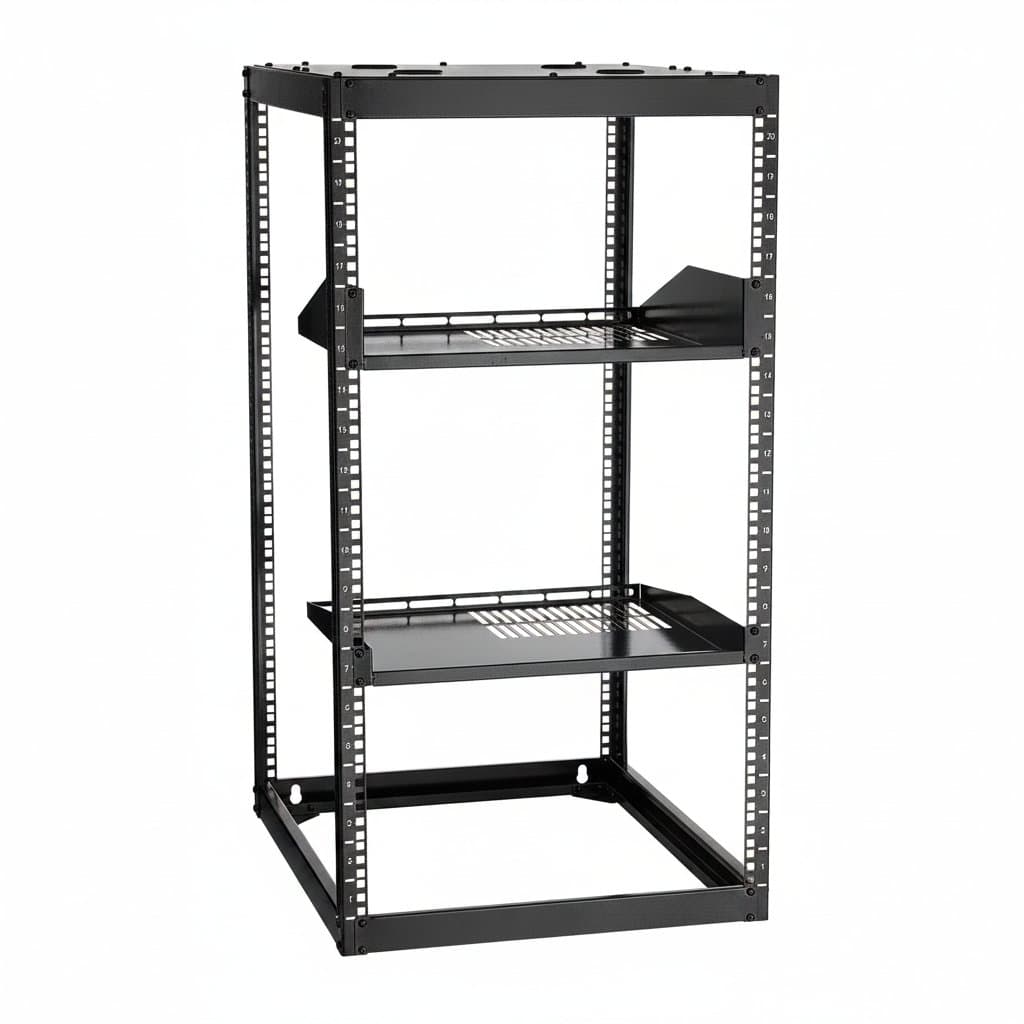 20U open frame server rack with black powder-coated steel, shown floor-standing with network equipment installed for demonstration.