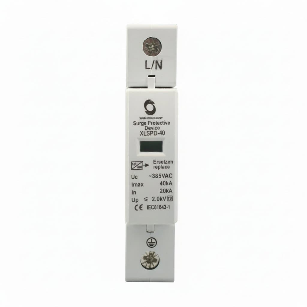 AC Surge Protector Device for house electrical panels, 20KA to 40KA rating at 385V for low-voltage surge protection and arrester safety.