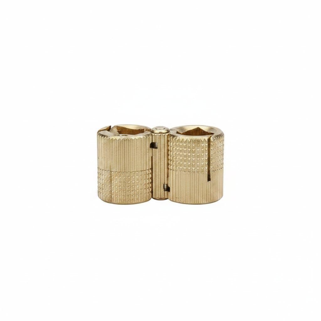 Pair of brass hidden cabinet hinges with 8-12mm barrel, designed for invisible installation on furniture, gift boxes, and concealed doors.