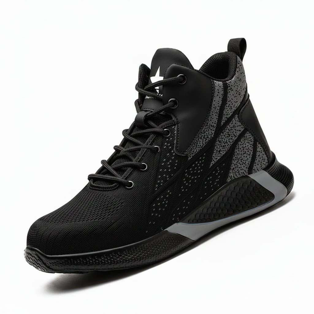 Fashionable high-top safety shoes for men with anti-smashing and anti-puncture protection, combining style and security for work environments.
