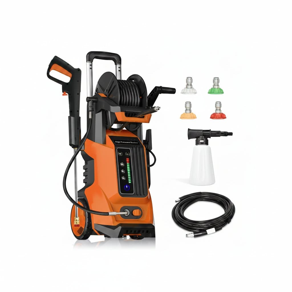 Orange electric pressure washer with 5000 PSI and 3.2 GPM for effortless cleaning of cars, patios, and home exteriors.