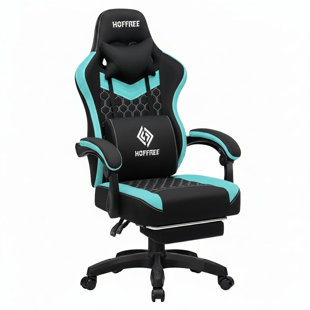 Multifunctional ergonomic office chair with built-in footrest, lumbar cushion, Bluetooth speaker, and 2-point massage system for gaming or office use.