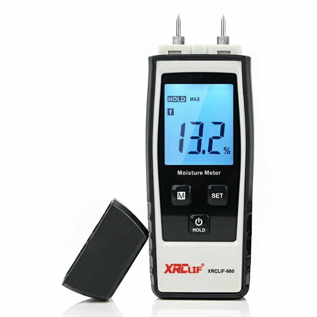 XRCLIF handheld digital moisture meter for wood, concrete, woodworking materials, cartons, and building materials with a clear display.