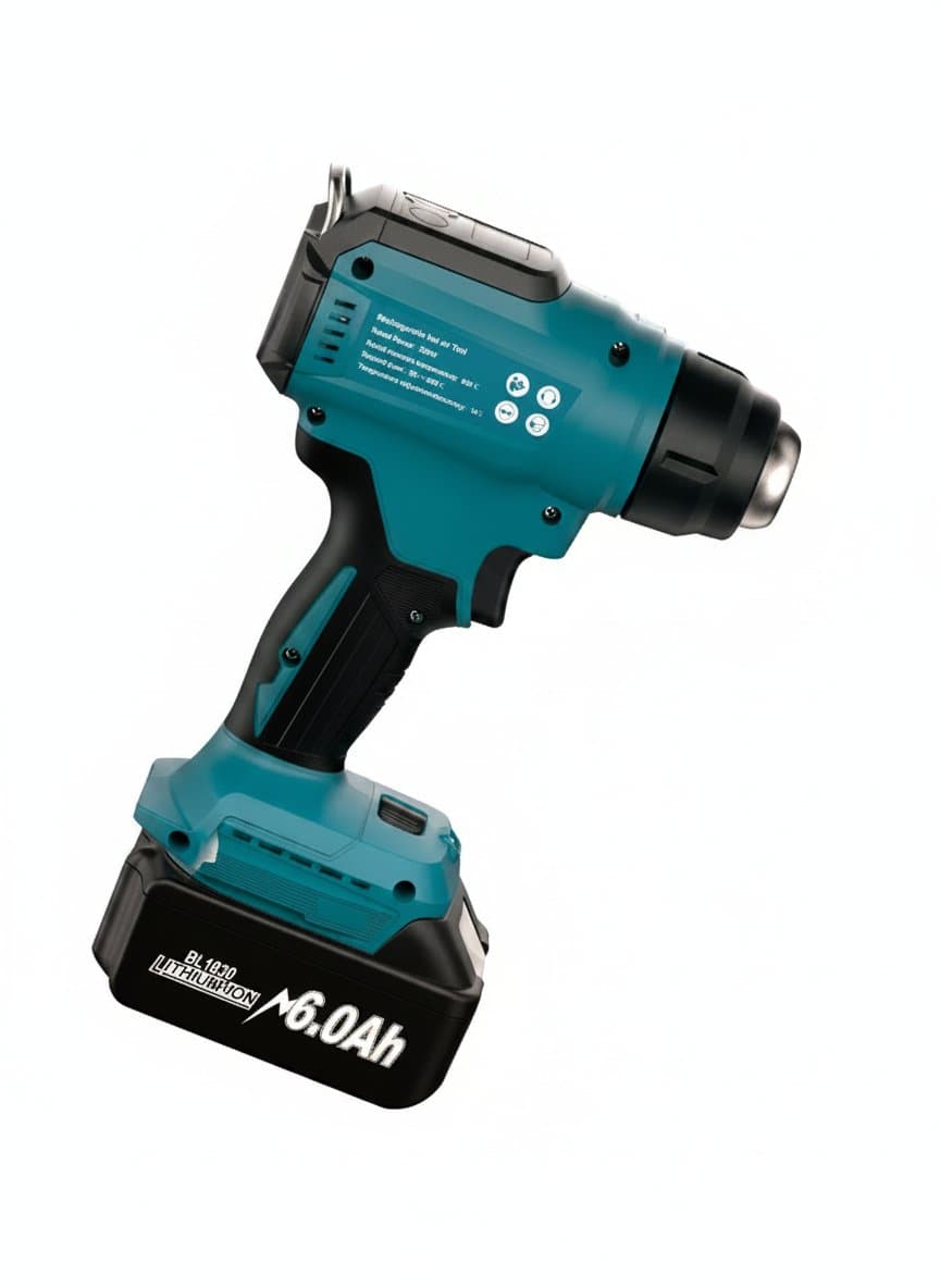 Cordless heat gun for 18V power tool batteries, compatible with Makita, DeWalt, Ryobi, Milwaukee, and Bosch for industrial and home use.