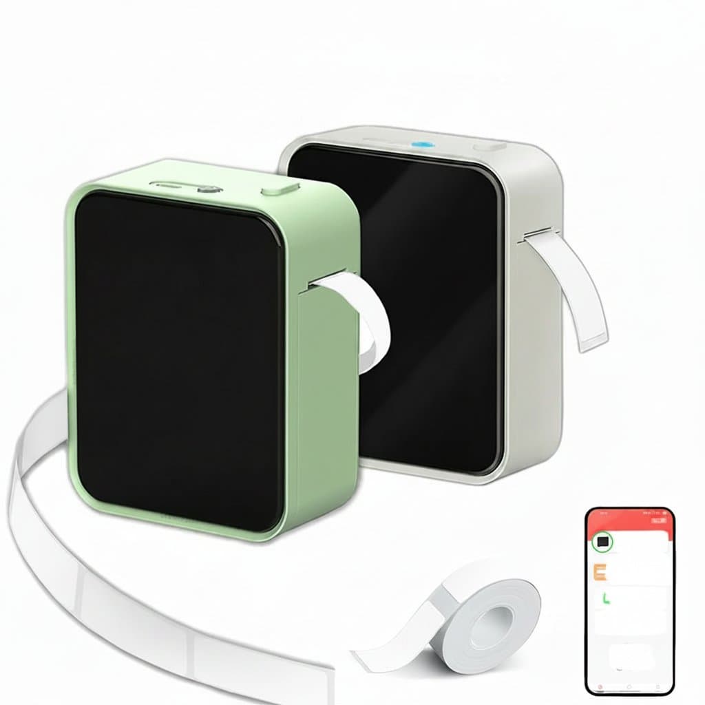 Marklife P15 Label Printer in two colours with labels, roll, and phone app on a light background.
