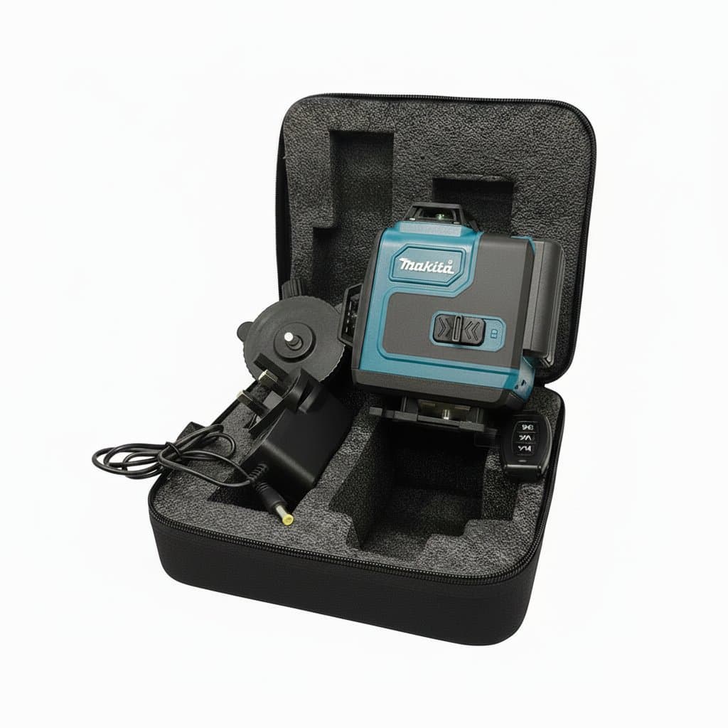 Makita 16-line green laser level showing its compact body and bright 360-degree vertical and horizontal beams projected on a wall.
