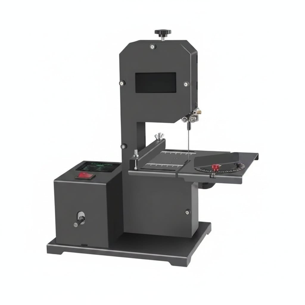 800W benchtop band saw for woodworking, showing the vertical saw frame, sturdy table, and control panel for precise rip cuts and shaping.