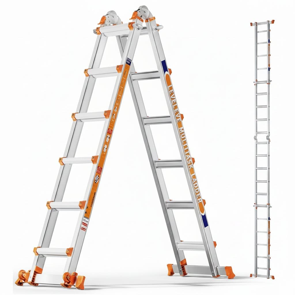 A 22-foot multi-position A-frame ladder with stabilizer bar and wheels, featuring 6 steps for indoor and outdoor use on stairs and uneven surfaces.