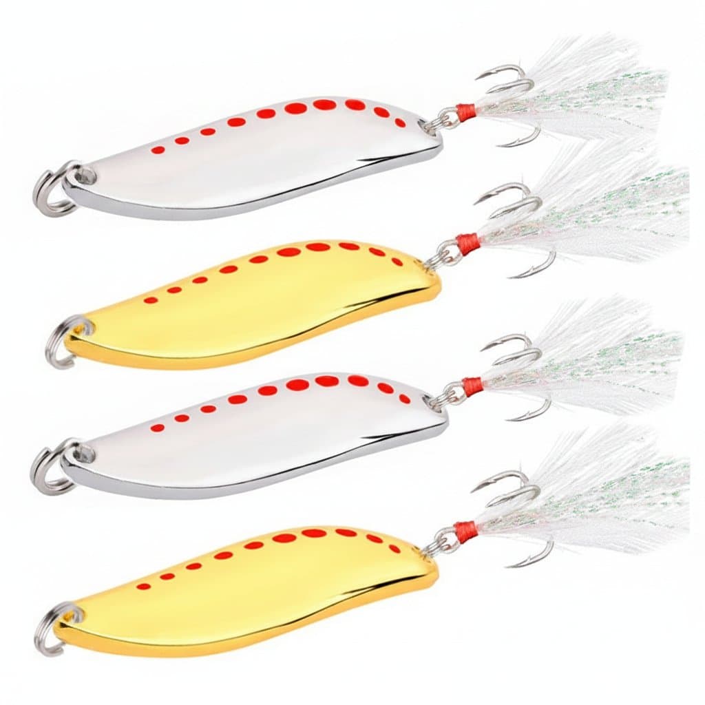 4-piece metal Vib Leech spinner spoon lure set for bass, pike, and perch fishing, featuring 2.5g to 25g artificial bait tackle.