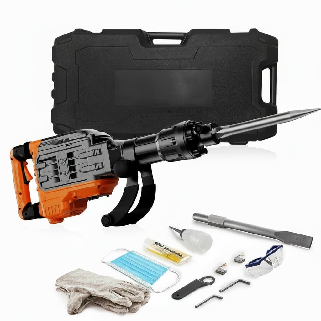 SucceBuy 3500W Demolition Jack Hammer with two chisels and safety gloves, a heavy-duty electric concrete breaker for trenching.