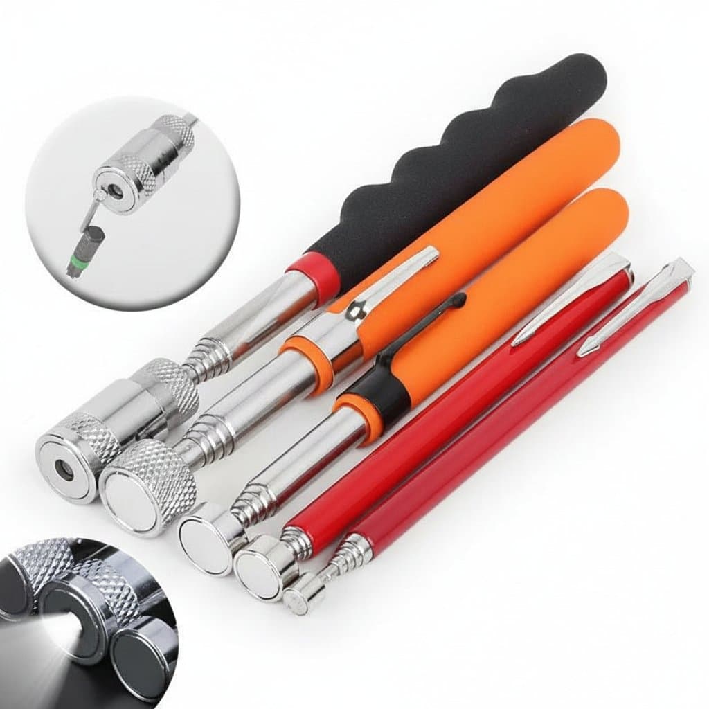 Magnetic picker pen with telescopic rod and built-in LED light for retrieving nuts, bolts, and screws in hard-to-reach areas.