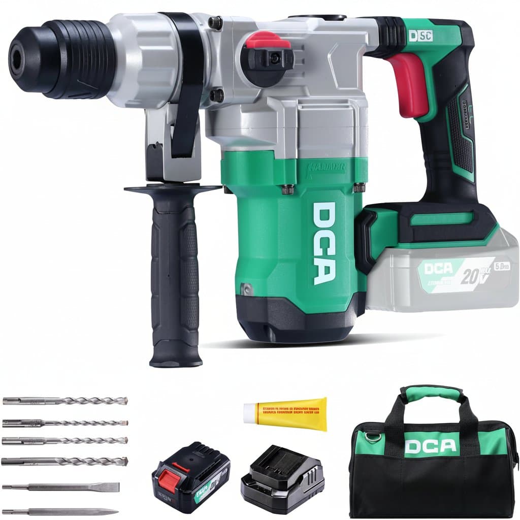 20V MAX Cordless Rotary Hammer Drill with 4.5 Joule impact, SDS-Plus chuck, battery, and fast charger on workbench.