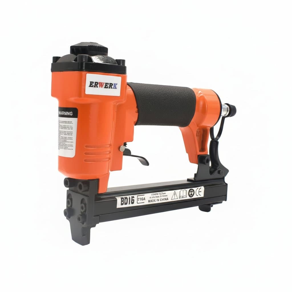 21-gauge pneumatic air stapler nailer for fine furniture work, accepts 6-16mm staples for detailed woodworking.