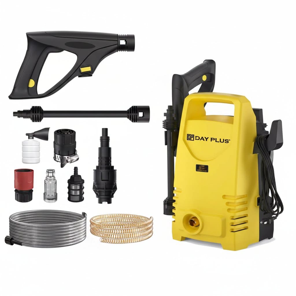 1600W electric high-pressure washer with 120 bar pressure, 380 l/h flow, adjustable lance, and 7-meter hose for terraces and cars.