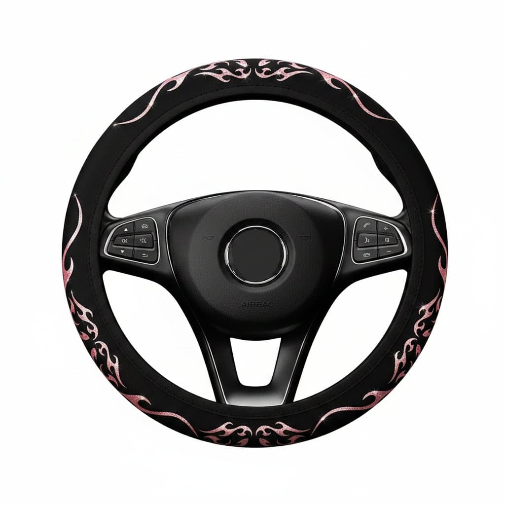 A dynamic fabric car steering wheel cover with a bling-bling flame totem design, fitting 14.5-15 inch steering wheels.