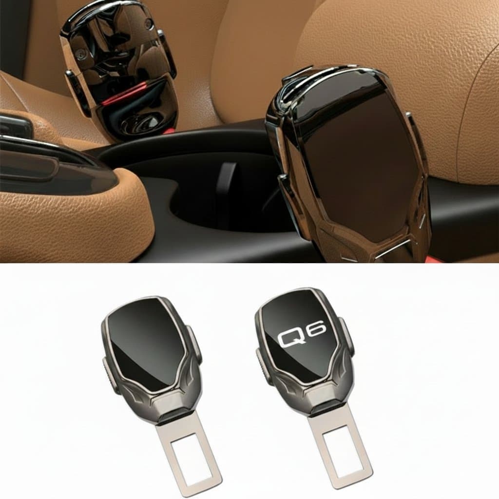 A car safety seat belt buckle clip designed for Audi models, acting as a decorative seat belt extender.