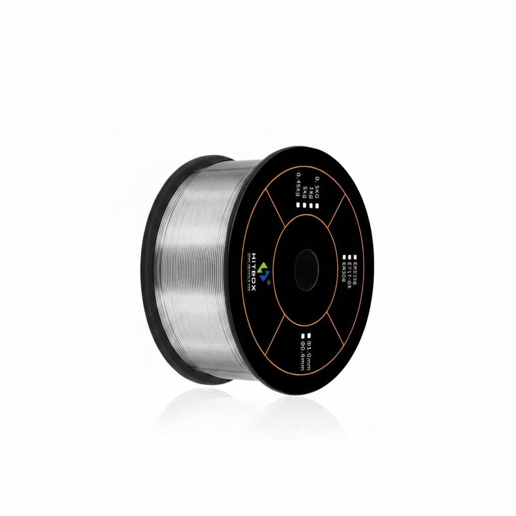 Hitbox MIG welding wire spool, 1KG of E71T-GS flux-cored wire for gasless welding on iron and steel, available in 0.5mm to 1.0mm diameters.