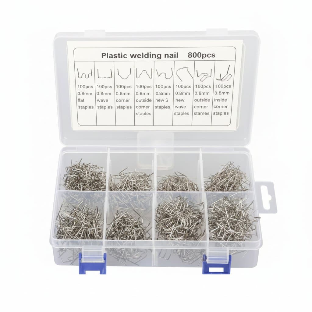 800-piece hot staples plastic welding kit for auto bumper and plastic repair, includes 0.6mm and 0.8mm pre-cut wave staples.