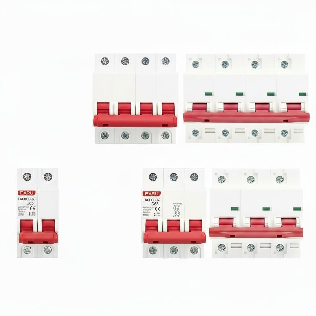 DC 1000V Solar Mini Circuit Breaker for PV systems, offering 6A to 125A overload protection in 1P, 2P, 3P, and 4P configurations.