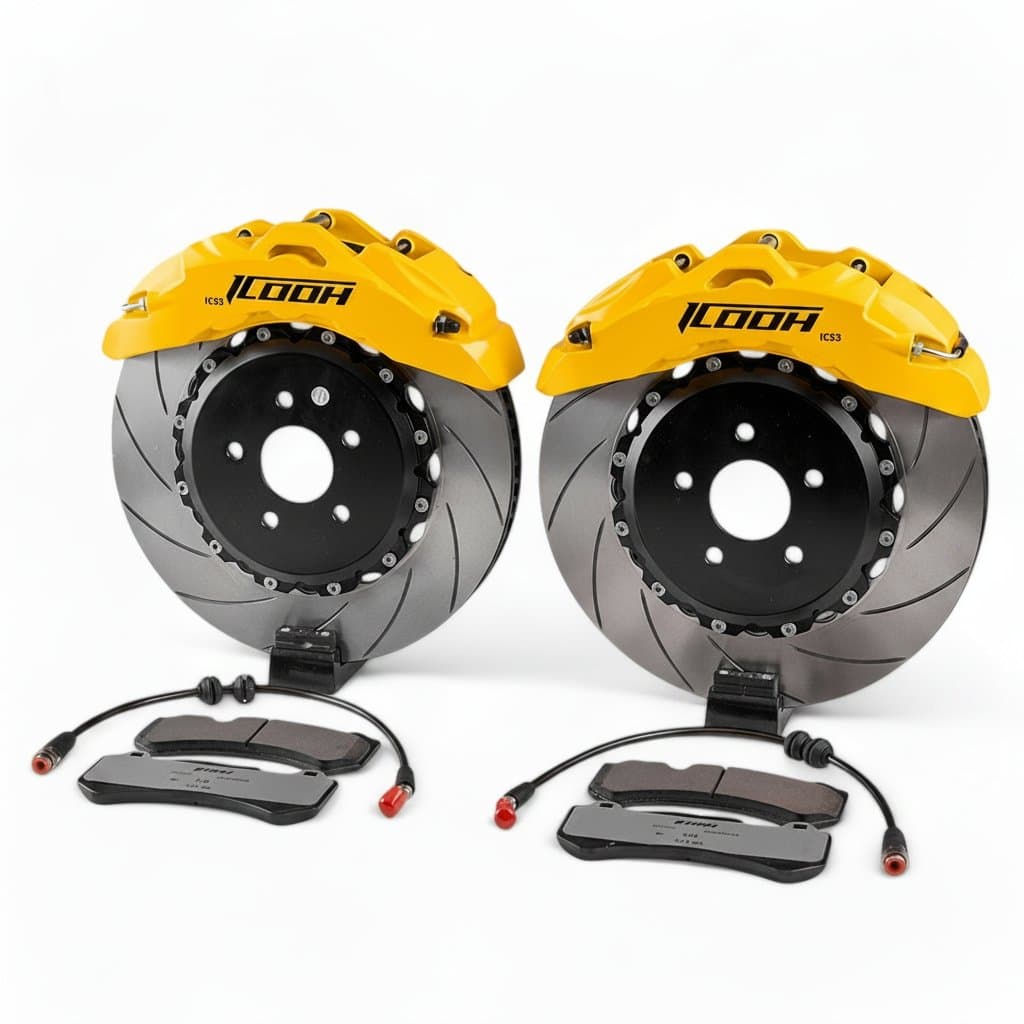 A high-quality 6-piston brake caliper kit with 330mm and 355mm brake discs, suitable for BMW, Mercedes-Benz, Audi 17, 18 inch wheels.