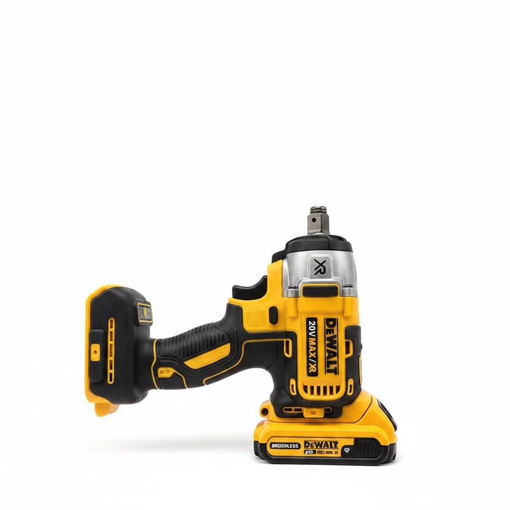 Dewalt DCF880 20V cordless impact wrench with 205 N.m torque and 2300 RPM, a compact rechargeable power tool for automotive and construction.