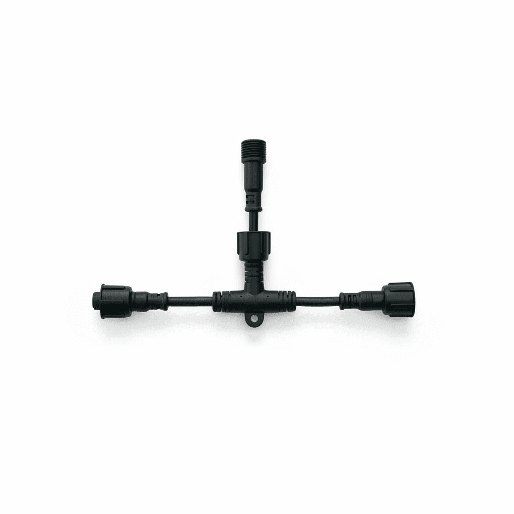 Black round 18AWG xConnect power injection tee connector for LED strips, 10-pack with compact design for clean wiring projects.