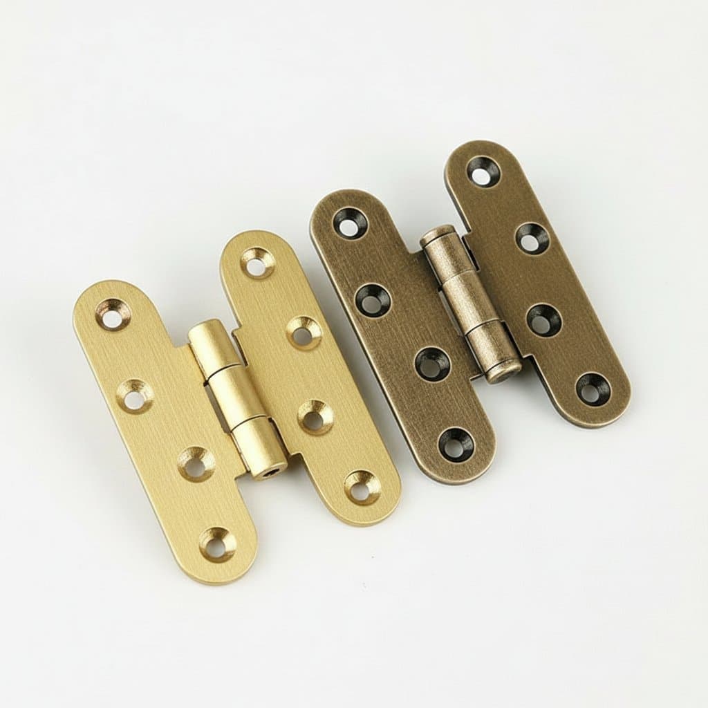 Four antique brass door hinges with bronze finish, suitable for vintage furniture, cabinet drawers, jewelry boxes, and wooden containers.