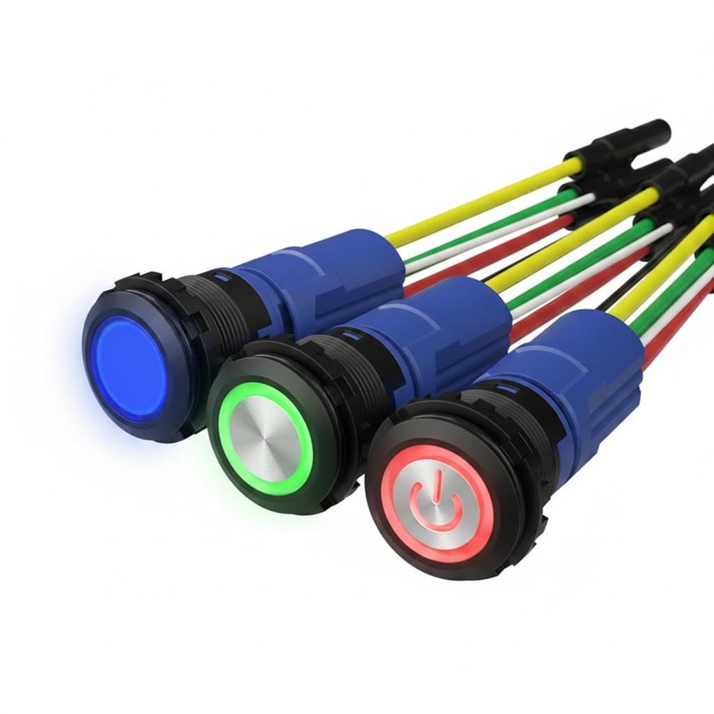 10A High Current Illuminated Push Button Switch with IP67 rating, available in 6V to 48V models in a durable plastic housing.