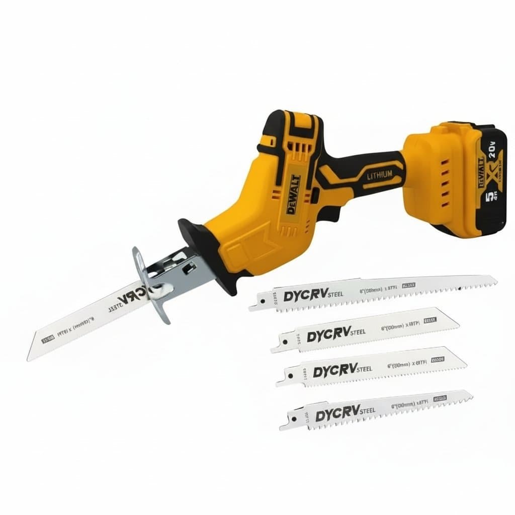 Dewalt 20V MAX cordless reciprocating saw with brushless motor, shown cutting a metal pipe with its included blade.