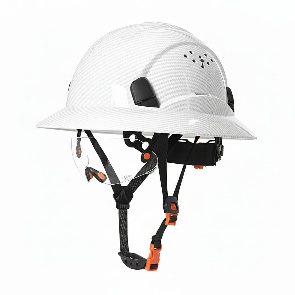CE-certified carbon fiber full-brim safety helmet with integrated goggles, anti-collision design, ANSI compliance, and breathable engineering.