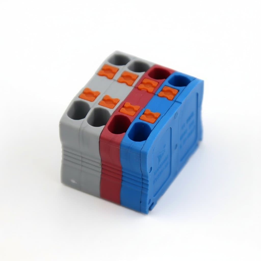 Push-in multiple output terminal block connector for DIN rail mounting with screw hole, for efficient electrical wire cable connections.